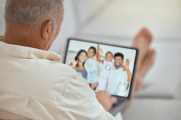 Image showing Love, laptop and grandfather on video call communication with children, parents and happy family wave hello at home. Relax senior man with digital photo album or memory gallery of dad, kids and mom