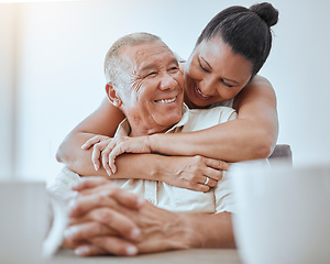 Image showing Happy couple, retirement and hug in house for love, relax and break in Colombia family home together. Romance, smile and elderly man, woman and senior people happiness, care and easy living lifestyle