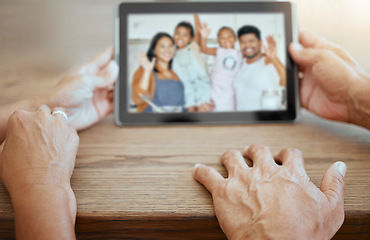 Image showing Video call, happy and tablet with family and hands of grandparents for communication, contact and internet. Networking, 5g and technology with man and woman with screen or digital, online and chat