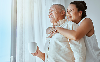 Image showing Senior couple, retirement future and window vision for thinking, love and care in Colombia home. Happy, elderly and thinking woman hug man in house of morning relax, wellness hope and lifestyle peace