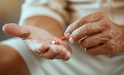 Image showing Healthcare, pills and hands of elderly person with capsules, medication and treatment in palm. Health, wellness and senior citizen with medicine for ache, joint pain and arthritis in retirement home