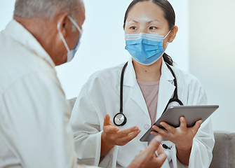 Image showing Covid doctor, tablet and talking to patient for medical check, wellness consult and healthcare advice in clinic. Therapist, face mask and corona virus consulting, insurance and test results feedback