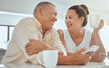 Image showing Love, senior couple and phone with coffee, happy and being loving together bonding, retirement and enjoy quality time. Romance, mature man and elderly woman happiness, for relationship