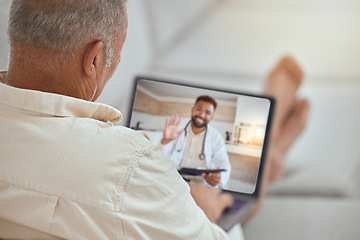 Image showing Laptop, healthcare and video call with a patient and doctor in an online medical assessment or remote consultation. Computer, internet and home consulting with a man talking to a health professional