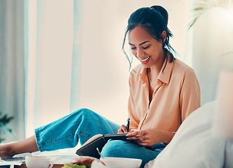 Image showing Woman writing in notebook, journal or dairy with pen planning, goal or idea in bed. Happy creative, freelance girl writer relax, working and write a schedule draft or sample in a book in bedroom