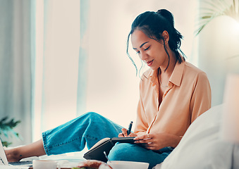 Image showing Black woman, notebook and writing for planning, notes and happy student in bed, comfortable and thinking. Creative girl, happiness and artist with idea, notepad or creating list for budget in bedroom