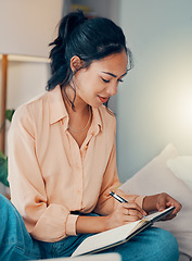 Image showing Woman, book and writing on bed for planning, dream or goal in bedroom while home. Girl, notebook and paper with smile, happy and thinking of motivation, strategy or vision for life, career or idea