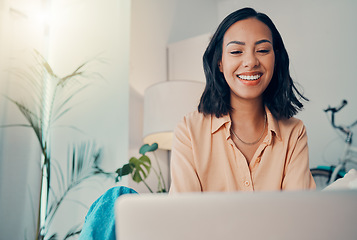 Image showing Business woman, remote work home and smile being happy, with laptop and planning for startup company. Female entrepreneur, girl working and confident for strategy, digital device and online research