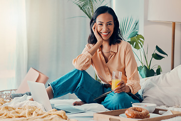 Image showing Breakfast, bedroom and woman on laptop, notebook and juice for food writer blog, copywriting or social media post planning. Relax morning and protein portrait of entrepreneur or work from home girl