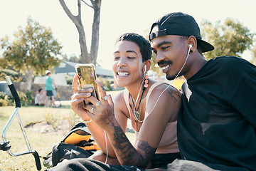 Image showing Couple, phone and video on social media in park, app or internet with smile, laugh or happiness. Black woman, man and smartphone for meme, social network or video call on web, online or communication