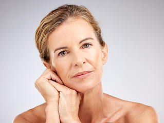 Image showing Skincare, beauty and cosmetics for senior woman with dermatology, antiaging and routine against studio background. Lady portrait for wellness, health and facial treatment for wrinkle free skin.