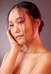 Image showing Futuristic, asian and makeup of woman for beauty, cosmetics and skincare color in studio mock up and neon light. Skin care, future and vaporwave model with Japanese or Korea dermatology health mockup