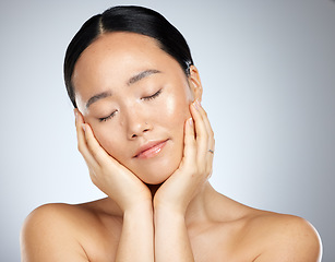 Image showing Skincare, asian beauty and woman with glow skin or face in a studio mockup for cosmetics, cleaning or night sleeping facial. Makeup, self care and Japanese model for dermatology mock up background