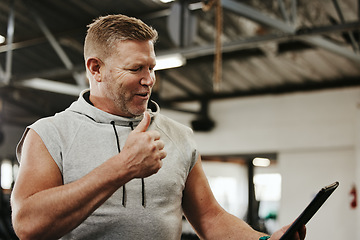 Image showing Thumbs up, personal trainer and video call on a tablet for digital fitness workout training home client. Gym exercise for wellness, health and weight loss using technology for 5g streaming videocall