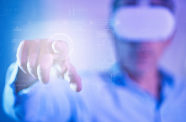 Image showing VR, metaverse and hand of a man with a futuristic experience, digital system and streaming with glasses in a neon room. Creative person, gamer or ai user with innovation from virtual reality and tech