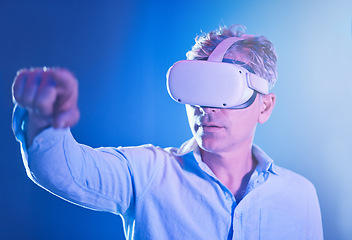 Image showing Vr, 3d and futuristic virtual reality with man in a cyber world, ai or virtual game. Future tech app, metaverse and gaming male playing software video games, watching movie or web surfing on headset.