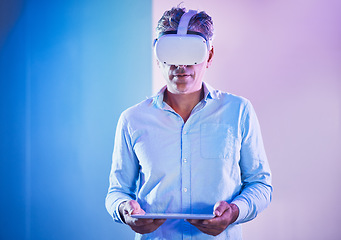 Image showing Man, vr or headset with tablet in studio for virtual reality, gaming or metaverse on internet. Businessman, elderly and AR for technology, future or augmented reality on digital, app or web in studio