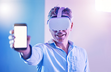 Image showing Elderly man with virtual reality, social media app on smartphone screen mockup and metaverse ux. Advertising communication technology, hand holding digital cellphone in neon studio and mobile startup