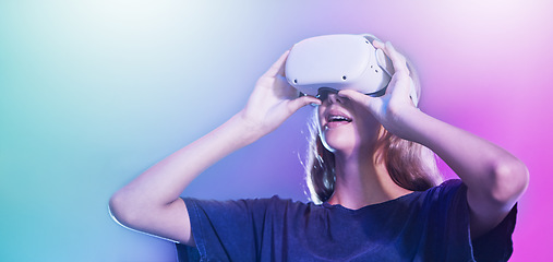 Image showing VR, metaverse and woman with glasses against a neon mockup background. Virtual reality, gaming and girl with futuristic technology, 3d innovation and creative experience with digital tech for vision