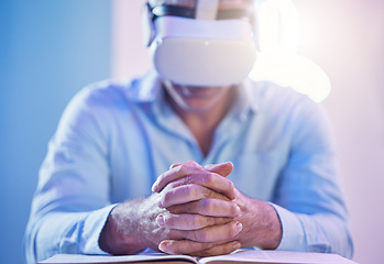 Image showing Business, vr and businessman with glasses, book and information in a metaverse for work. Employee learning through ai technology, digital creative tech and virtual reality experience at a desk