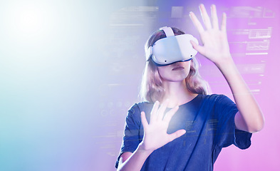 Image showing Virtual reality, metaverse and information with a woman user accessing a digital world with headset goggles. Future, data and ai with a female using technology to access a cyber network or dashboard