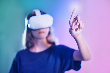 Image showing Woman hand with vr headset, ux technology and screen touching virtual reality ai system. Digital transformation in ai metaverse, web button on user website and working online 3d graphic designer