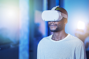 Image showing Black man with future glasses, virtual reality in digital innovation and African metaverse user experience. Scifi futuristic vision in tech, gamer streaming cyberspace and online learning ar science