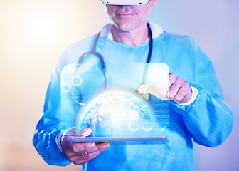 Image showing VR, doctor and tablet, global healthcare vision, tech research and futuristic innovation in metaverse, world medical data science and ai hologram. Surgeon man, virtual reality and digital consulting