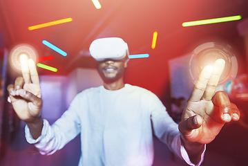 Image showing Vr headset with 3D futuristic hologram screen with hand with tech for digital metaverse. Black man or future cyber cloud computing, digital data transformation and internet iot network on web or ai