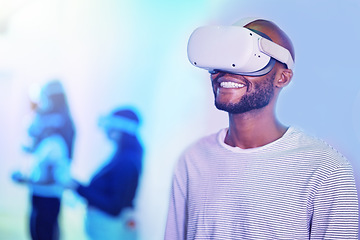 Image showing Digital 3d vr headset for gamer with metaverse tech, future and virtual reality cyber innovation, ai and video gaming. Black man in futuristic universe and online avatar game, virtual game or vision