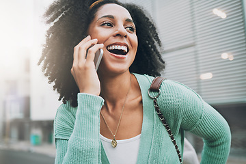 Image showing Happy, phone call and black woman in a street, smile and talking while walking in city in New York. Student, travel and laughing with girl chatting on a phone, excited and cheerful while traveling