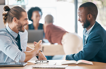 Image showing Businessmen, harassment and laughing in office at woman, coworker or colleague together. Friends, judge or gossip about women, sexual or personal for talking, discussion or chatting at workplace