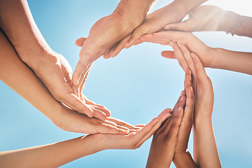 Image showing Circle, support and hands of friends for community, collaboration and trust against a blue sky. Group of people in nature helping the environment, giving hope and in solidarity as team during summer