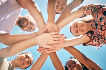 Image showing Support,love and friends hands connect for collaboration, teamwork and agreement together outdoor against blue sky background. Diversity, support and community with unity, faith and trust in nature