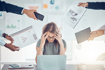 Image showing Business woman, anxiety and headache for charts, planning and frustrated in office, workplace or data analyzing. Female entrepreneur, overworked or deadline pressure being tired, paperwork or at desk