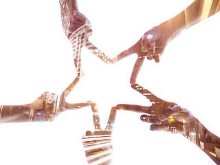 Image showing Peace hands, overlay and group motivation for support, solidarity and partnership with background mockup. Below of teamwork, star sign and diversity with double exposure of city with mock up space