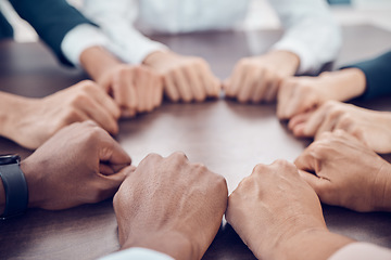 Image showing Teamwork, support and business people hands in circle, together in a meeting. Diversity, community and collaboration in office with team connect fist for motivation, inspiration and team building