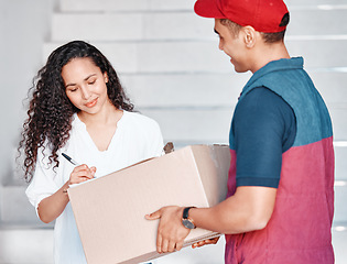 Image showing Ecommerce, man and woman with delivery signature on box for customer package, purchase and product. Courier, paperwork and document for online shopping distribution service employee at Mexico home.