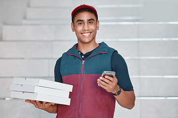 Image showing Pizza delivery, man for fast food or phone network mobile app, box or ecommerce sale with smile. Driver, delivery or happy male with smartphone, tech or delivery guy for online shopping food store