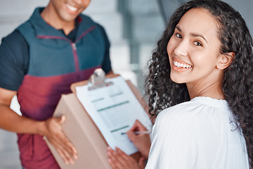 Image showing Woman, sign delivery document and ecommerce package in a box from courier man for online shopping order. Safe global, home distribution and shipping transportation of goods from internet retail store