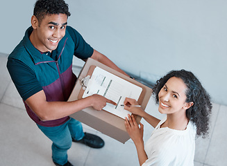 Image showing eCommerce delivery, woman sign for package and safe shipping of online shopping product to a customer house. Courier service transports box, happy customer and smile receiving retail parcel at home