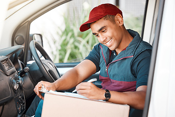 Image showing Delivery, black man and with checklist for package box and smile for delivery in truck, van or happy with work. Logistics, shipping or courier guy with clipboard to confirm address, parcel or vehicle