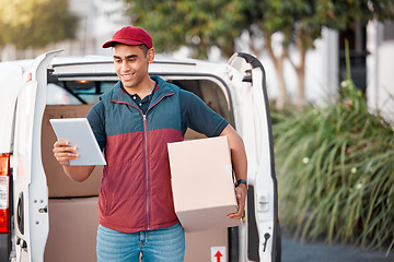 Image showing Man, box delivery and tablet logistics planning for online customer orders, ecommerce management and supply chain shipping. Stock worker, digital inventory and internet checklist in export industry