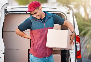 Image showing Delivery man with box, package in van and safe home shipping of online ecommerce retail product. Courier truck transport, internet goods orders and mail parcel to customer location in cardboard boxes