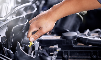 Image showing Engineering, repair and mechanic working on a car, doing a service and check for problem with the engine at a workshop. Hands of a transportation technician doing maintenance on a van or vehicle