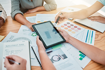 Image showing Tablet, hands and marketing team with paper for meeting, brainstorming or planning for startup company, finances and analyze sales. Digital device, teamwork charts and strategy or business innovation