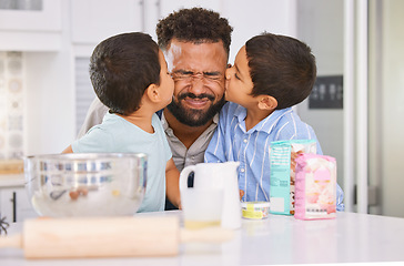 Image showing Father, cooking kiss and children in a home kitchen for baking food with love, care and happiness. Happy black man dad and kids smile together in a family home making food and bonding at a house