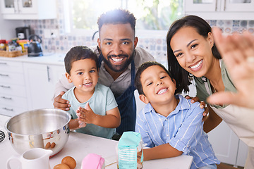 Image showing Black family, cooking and home kitchen of a mom selfie, father and children with a happy smile. Portrait and real moment of mother, dad and kids in a house learning cooking with food bonding together