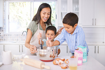 Image showing Baking, kids and mom in the home kitchen cooking food with a boy and baby with happiness. Family, mother and happy children smile at a house teaching with ingredients together smiling in family home