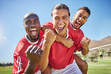 Image showing Soccer, team and winner for celebrate game, happy and smile being proud, confident and on field in sportswear. Teamwork, football and victory players doing sports, winning or workout together outdoor